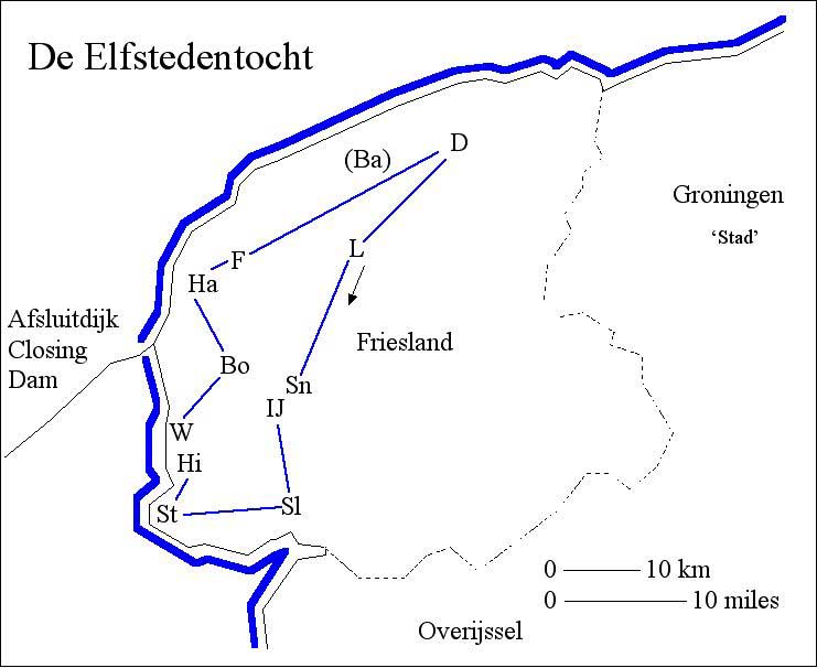 [a map of Friesland, showing the course of the 11-cities-tour]