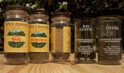 [a few spice jars: sweet basil, marjoram, whole nutmeg, bay leaves and thyme]
