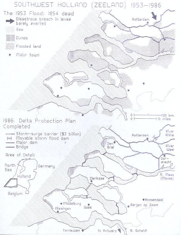 [a map of the South-West of Holland, showing the extent of
  the 1953 flooding
    and the dams and other protection measures built since]