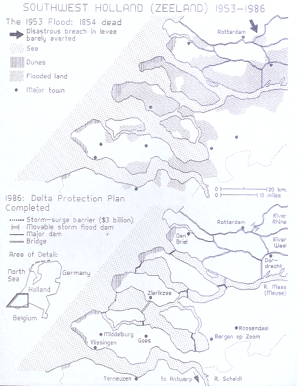 [a map of the South-West of Holland, showing the extent of the 1953 flooding
    and the dams and other protection measures built since]