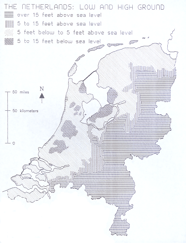 [a map of Holland showing the elevation, what would be above and below the sea
     if the Dutch didn't do soemthing about it]