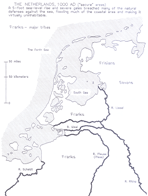 [a historical map of Holland; much of the land in the North and West is drowned]