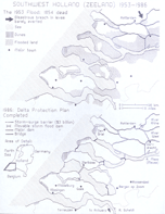 [map showing the extent of the 1953 flooding and the dams built since then]