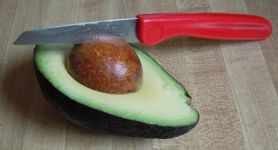 [avocado, knife stuk in stone for removal]