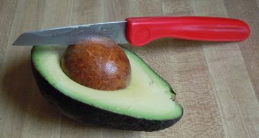 [avocado, knife stuk in stone for removal]