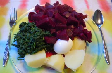 [cooked beets on plate with potatoes, spinach and
  boiled egg]