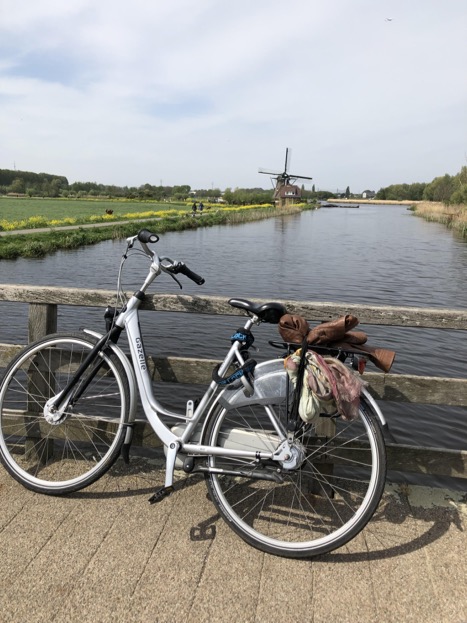 [bicycle on a bridge, windmill, meadows]
