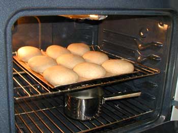 [putting irsen rolls in hte oven]